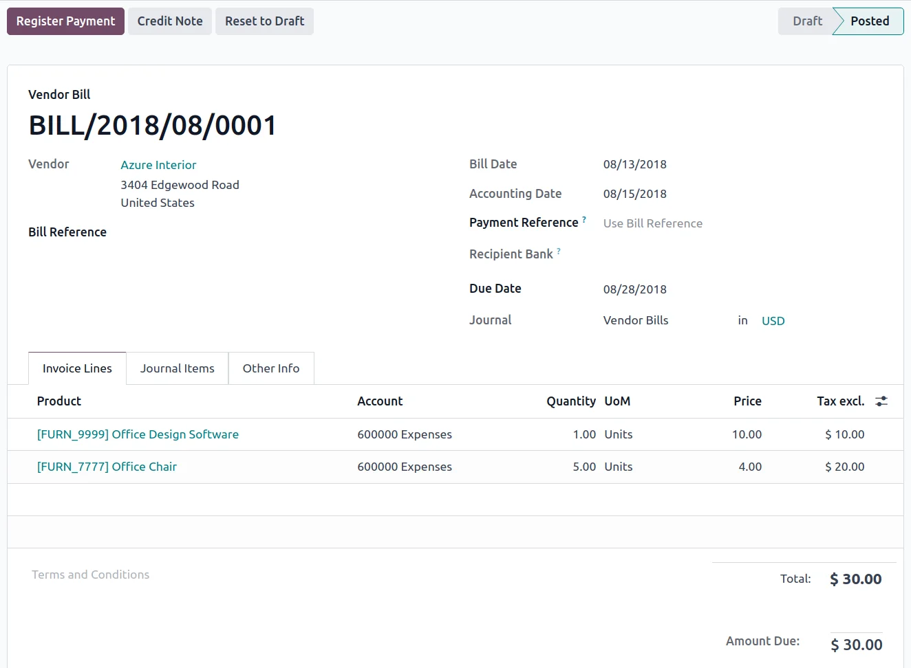 Exemple de facture fournisseur Odoo, avec lignes comptables et suivi du paiement