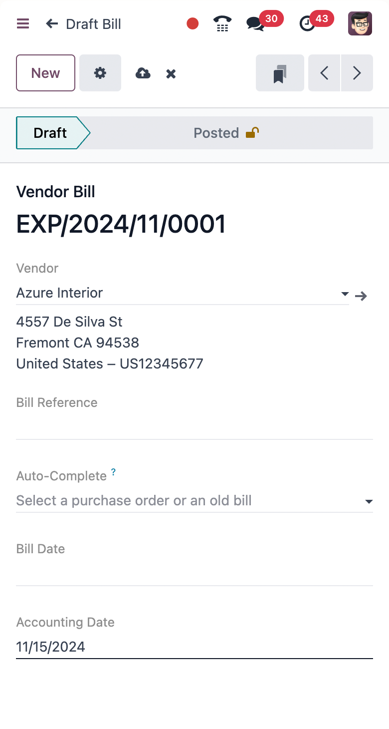 Exemple d’écran mobile Odoo pour une facture fournisseur